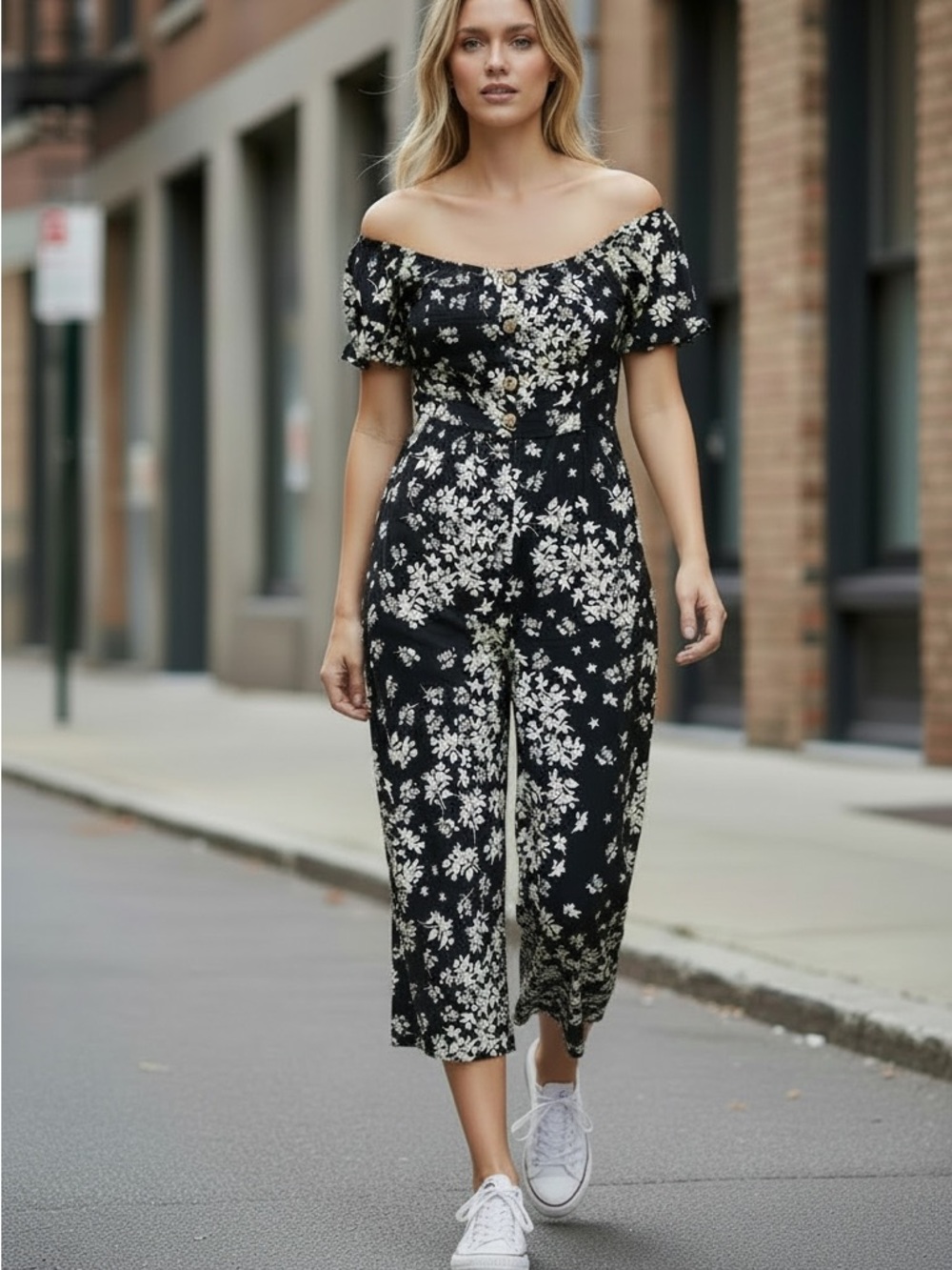 Luxology Black Floral Off-Shoulder Jumpsuit